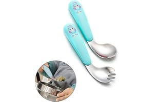 SILENT-QIAOYOU Silent Kinder Besteck Set Gebogener Griff Training LöFfel Gabeln Edelstahl Baby LöFfel Gabel Gebogen FüTterlöFfel Baby LöFfel Gabel Set Griff HitzebestäNdig, Selbstlernende LernlöFfel (grün)