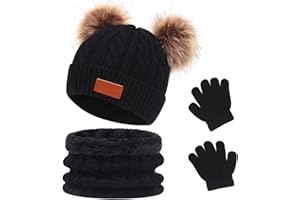 Waylipun Kids Winter Warm Beanie Hat Scarf Gloves Set, 3 in 1 Thicken Fleece Thermal Girls Skull Cap Scarf Mittens Set Super Soft Cap Neck Warm Gloves for 1~5 Years Old Toddler Girls Boys