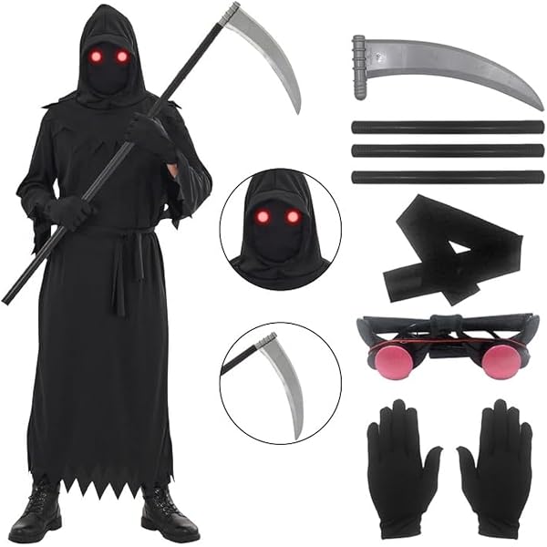 Déguisement Faucheur Homme Halloween - Cape à Capuche Déchirée Avec Faucille Et Autocollants Tatouage - Costume Effrayant Pour Fête Carnaval