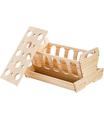 Houten hooiruik voor cavia's, 2-in-1 konijnenratelier met afneembare kunststof strooibak, grasvoerhouder voor kleine dieren, 43 x 13,5 x 31,5 cm