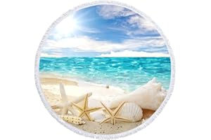 Queenshin Grande Serviette de Plage Ronde en Microfibre Anti Sable, Tapis Plage Super Légère et Séchage Yoga Mat Tapis de Pique-Nique 150 cm, Étoile de Mer