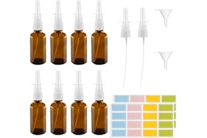 TOKSEO Lot de 8 flacons de spray nasal vides en verre de 30 ml - Marron - Réutilisables - Avec buse de rechange, étiquettes, entonnoir, pour parfum, huiles essentielles, solution saline