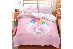 AOXHFNV Set biancheria da letto per bambini - Motivo unicorno rosa - Bellissimo arcobaleno - Nuvola bianca - 135 × 200 cm - Motivo unicorno - Set biancheria da letto con 2 federe (135 × 200 cm, rosa 2