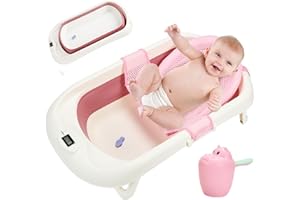 SWANEW Baby Badewanne, Faltbar Babybadewanne, Klappbare Badewannen, Baby Badewanne mit Thermometer und Bath Mat, Baby-haarwaschbecher, Babybadewanne Neugeborene für Babys 0-6 Jahre,Rosa
