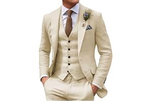 HUUTOE Costume 3 pièces en lin pour homme, coupe ajustée, smoking avec blazer, pantalon et gilet, pour mariage, été, plage, bal, loisirs, garçon d'honneur