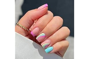 MIKLOVEN 24pcs Short Square Rainbow French Press-On Nails, Iridescent Swirl Wavy Lines, Pastel Full-Cover False Nails, Eco-Friendly ABS, 12 Sizes with Glue, Stick-On Art for Women