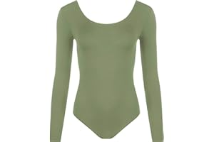 FASHION 7STAR New Ladies Stretch Bodysuit Long Sleeve Top Womens Leotard Scoop Neck Gymnastic Dance Leotard Top 8-14