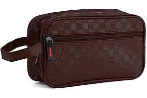 JOPHY & CO. Pochette Uomo da Polso in Pelle, Beauty Case, trousse da viaggio, Borsello piccolo a mano con cinturino (Marrone Quadratini)