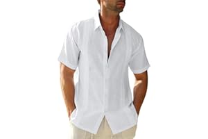 Friptspyg Hombre Camisa de Lino para Manga Corta Estilo Casual y Ajuste Regular Fit Cubana Camp Guayabera Camisa de Verano