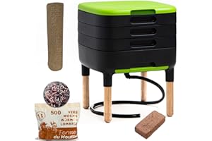WormBox Moutta | TinyWorm Design & Compact I Vermicompostador 3 bandejas I 250gr de Lombriz / 500 und. I Kit Completo I Cajón Deslizante I Patas de Madera