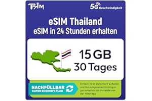 TSIM Thailand eSIM | 30 Tage | 15gb | Nachfüllbarer Tarif | 5G Geschwindigkeit | Hotspot | Nur-Daten. QR-Code Wird innerhalb von 24 Stunden gesendet, scannen zur Aktivierung, Keine Telefonnummer