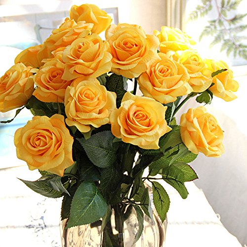 10 Stück Real Touch Silk Kleben PU Silk Künstliche Rose Blumen Home Dekorationen für Hochzeitsfeier oder Geburtstag Garten Brautstrauß Blumensträuße Happy Valentinstag Geschenke Party Veranstaltung (Yellow)