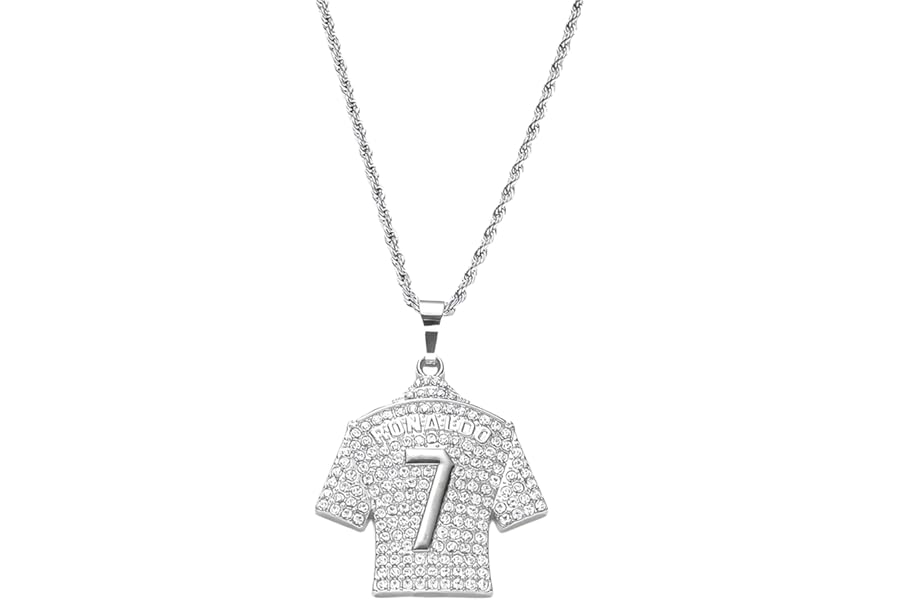 QKEOISUD Football Fan's Favorite: Number 7 Soccer Cloth Pendant Necklace Mens Football Fan's Sport Jersey Punk Alloy Silver with Diamonds Hip Hop Charm Jewelry Pendant Presents
