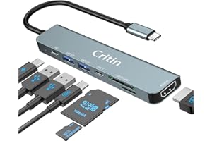 CRITIN Hub USB C, wieloportowy adapter USB C 7 w 1 z 4K HDMI, 100 w Pd, USB-C i 2 porty danych USB-A 5 Gb/s, gniazda kart SD i Tf, aluminiowy koncentrator USB typu C, do Macbook Pro Air, Surface Pro, iPad