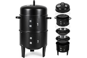 Hebitod 3 i 1 rökugn smoker grill med termometer, röktunna med träkol med 2 dörrar, 2 nivåer och justerbar ventilationslucka