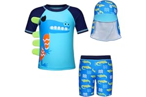 Jurebecia Boys Swimming Costume One Piece Cartoon Fish Crab Shark Swimwear with Cap Short Sleeve Rash Guard Bathing Suit Swimsuit UV Protection 2-8 Years