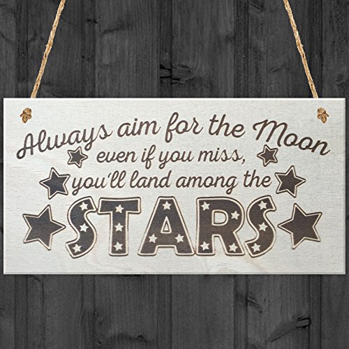 RED OCEAN Always Aim For The Moon Even If You Miss You'll Land Amongst The Stars Hanging Wooden Plaque Sign Gift