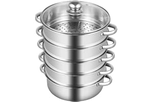 TESUGN 26/28/30CM Dampfgarer 5-Tier Dampfeinsatz Kochtopf Dampfkochtopf Edelstahl mit Glasdeckel Rostfrei Dampfgarer Edelstahl Kartoffeldämpfer Silber (Silber-26cm)