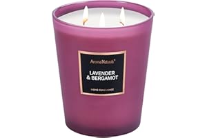 AROMA NATURALS Aromas Naturals Vela aromática, 943g/33,3oz Vela grande 130 horas de combustión prolongada, velas de aromaterapia de soja natural para el hogar, 3 mechas de algodón (lavanda y bergamota)