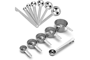 FERRGIA Juego de 13 Piezas de Cucharas y Tazas Medidoras en Acero Inoxidable - 5 Tazas (250ml-30ml)+6 Cucharas (15ml-0.5ml)+Regla de medición + Cuchara con Clip - Para Cocina,Repostería y Proteínas