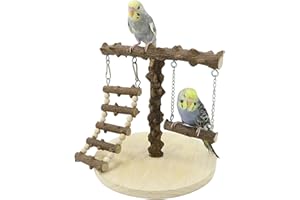 WishesMar Parque de Juegos para Pájaros Gimnasio para Aves Stand Área de Juego con Soporte Perchas Columpio Escalera para Agapornis Periquitos Loros, Madera, Tamaño 22x22x21.5 CM
