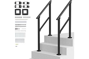 VEVOR Rampe d'Escalier pour 2-3 Marches Extérieures Main Courante Escalier 2PCS avec Kit d'Installation, Tube Carré en Acier au Carbone, pour Personnes Âgées, Marches en Béton, Porche, Terrasse, Noir