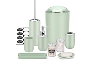 IMAVO Bathroom Accessory Set - 8 Pcs Green Bathroom Accessories Set with Trash Can, Soap Dispenser, Soap Dish, Toothbrush Holder, Toothbrush Cup, Toilet Brush Holder, Qtip Holder Dispenser with Labels