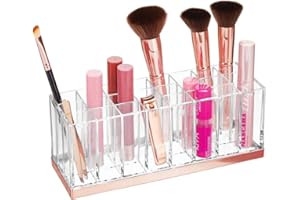 mDesign Organizer do makijażu – organizer na toaletkę i blat – przechowywanie przyborów do makijażu z 24 przegródkami, na szminki, cienie do powiek i wiele innych (przezroczysty/różowe złoto)