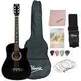 Henrix 38C 38 Inch Cutaway Basswood Acoustic Guitar With Dual Action Truss Rod, Gigbag, Picks, String Set, String Winder, Strap, Polishing Cloth & Ebook - Black: 