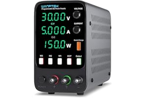 WANPTEK POWER Alimentation de Laboratoire 30V 5A avec Mémoire de 3 groupes, Alimentation Réglable avec Protection OCP/Sortie/Chargement Rapide par USB/Luminosité/Son Réglable