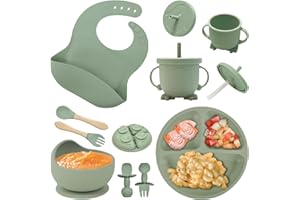 NEXROLA Cubiertos Bebe, 8 Piezas, Vajilla bebe Silicona, Platos Bebe con Ventosa, Vajilla Infantil, Baby Led Weaning, Cuchara Bebe, Babero Silicona Bebe, Vaso Bebe, Cubiertos Infantiles, Verde
