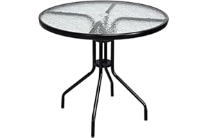 GiantexUK Outdoor Dining Table, 70cm Round Garden Bistro Table with Tempered Glass Tabletop, Parasol Hole & Metal Frame, Modern Patio Furniture for Balcony Backyard Poolside (70 x 70 x 70cm)