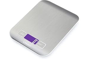 GPISEN Smart Digital Balance avec écran LCD pour Cuisine en acier inoxydable, 5 kg/11lbs, Balance de alimentaire multifonctionnel, couleur argent, (2 batteries incluses)