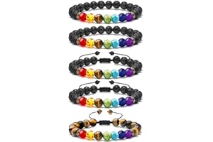 LABOTA 5 Stück Chakra Armband Echte Steine, Lava Stein Armbänder, 7 Farben Chakra Perlen Tigerauge Natürlich Heilstein Verstellbare Öl Diffusor Armbänder Unisex