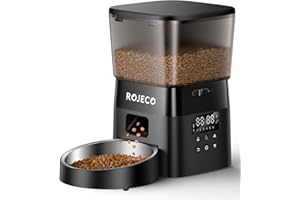 ROJECO Futterautomat Katze, Katzenfutter Automat Duale Stromversorgung, Futterautomat für Katzen, Timer & Portion Programmierbar Bis zu 16 Portionen 6 Mahlzeiten pro Tag für Katze und Klein Hund