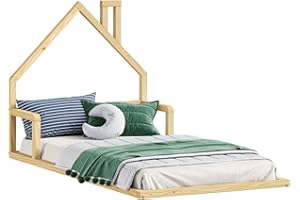 IDIMEX Letto Bambino ELOA Letto a Pavimento 90 x 200 cm Tipo Montessori, Testiera a Forma di Casa, in Pino Massiccio Naturale