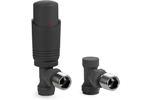 VANCOCO Anthracite Grey Thermostatic Radiator Valves 15mm (TRV) with Lockshield, 1/2"×15mm Angled Radiator Thermostat Valve, H62 Brass, Energy Saving Modern TRV for Central Heating Syetem