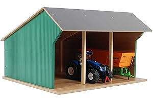 Kids Globe Schuppen Holz, für DREI Fahrzeuge/Anhänger Spielzeug Geräteschuppen Lagerhalle, Maßstab 1:32, Holzbauernhof, Holzstall, Bauernhof Spielzeug 610192