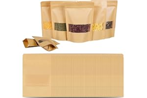 HUOANPO 60PCS Sacs en Papier Kraft, Sachet Kraft, 9x14CM Sacs en Papier Kraft avec Fenêtre pour Noix, Bonbons, Jerky, Grains de Café
