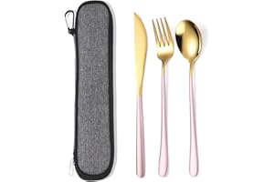 AARAINBOW Stainless Steel Silverware Set for 1, Reusable Knife Fork Spoon Set with Case, 3 Pcs Flatware Set for Travel Home, Lunchbox Cutlery Set (Pink Gold)