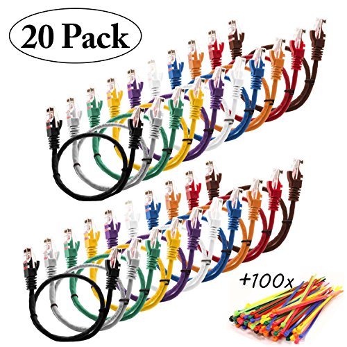 MultiKable - CAT5E Netzwerk Ethernet -Patch-Kabel [ 0.5M ] UTP - mit 2x RJ45 Stecker Set “20 Stück, 10 Farben “ (100 Kabelbinder in der Packung enthalten) 0.5 meter
