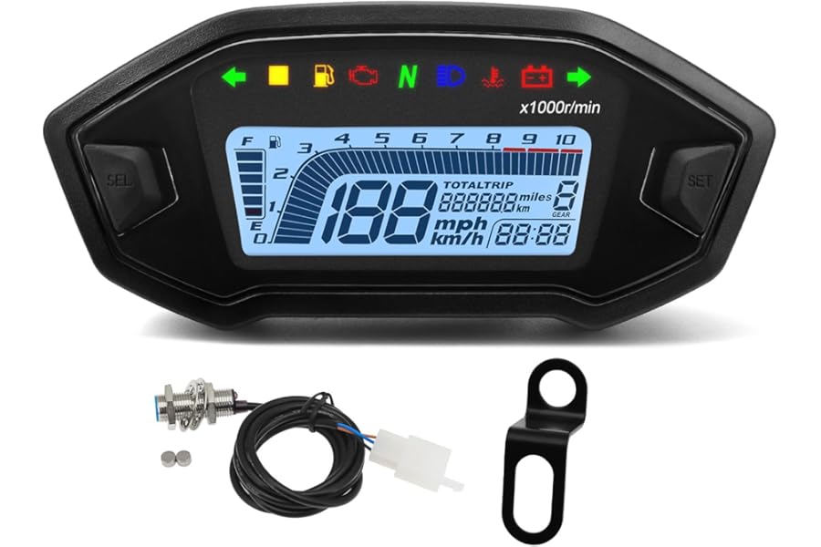 Universal Motorcycle Digital Speedometer & Tachometer, 7 Color LCD Dashboard with 10000RPM Meter, Waterproof Instrument for 2/3/4 Cylinder Engines