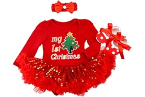 FYMNSI Baby Girl My First Christmas Outfit Infant Babies 1st Xmas Party Dress Princess Tutu Romper with Shoes Headband 3pcs/Set Reindeer Xmas Tree Print Bodysuit Jumpsuit Photo Props for 0-18 Months