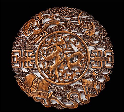 FUXINGXING Wooden Carvings Carved Camphor Wood Engraving Chinese Antique Craft Entrance Background Wall Round Solid Wood Wall Hanging, 78cm