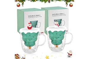 REFORUNG 2 PCS Taza de Café de Navidad 300ml Tazas de Vidrio Doble Pared con Forma de Árbol de Navidad Taza de Café Espresso con Asa y Tapa Linda Taza
