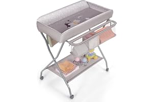 COSTWAY Fasciatoio Pieghevole per Neonato, Fasciatoio Portatile con Ruote e Scomparti Portaoggetti, per Cambio Pannolini Multifunzionale, Portata 25 kg (Grigio)