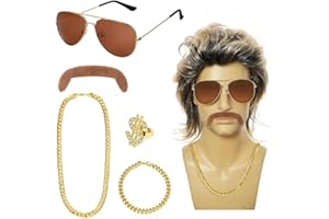 KILLIAN'S STORE 80er Jahre Outfit Vokuhila Perücke Herren 6er Set, 70er 80er Perücke Kostüm Männer Vokuhila Perücke Rockstar Cosplay Für Fasching Halloween Kostüm Party Accessoires