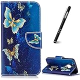 Schutzhülle für Moto G5 Plus Muster Blau,Slynmax Blumen Schön Gold Schmetterling Bunt PU Leder Tasche Wallet Case Handyhülle für Motorola Moto G5 Plus Hülle Flip Cover Etui Bookstyle Klapphülle Slimcase Ledertasche Soft Flex TPU Inner Case Lederhülle Holster Stoßfest Handytasche Zubehör Stand und Kartenfächer Magnetverschluss Brieftasche Schale Rückseite + 1x Schwarz Eingabestift Touchstift Stylus