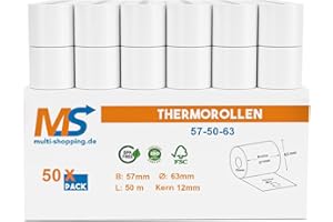 ‎MULTI-SHOPPING 50x Kassenrollen/Thermorollen/Bonrollen 57mm x 50m x 12mm Bpa frei für alle gängigen Thermo Kassen-Bondrucker B: 57mm x L: 50m Ø61mm