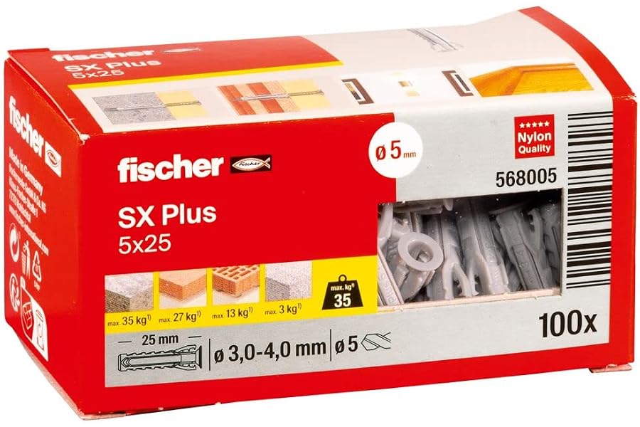 fischer 568005 - Taco de expansión SX Plus 5x25, caja con 100 anclajes de nylon, anclajes para una sujeción óptima al fijar e